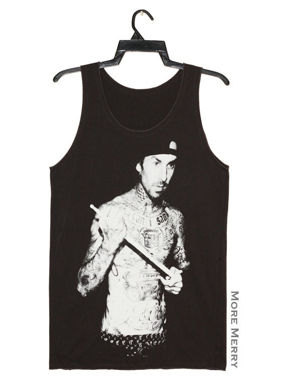 Travis Barker Blink-182 Drummer Music Tee Tank Top Vest Tunic Charcoal Black Singlet Sleeveless Women Shirt Indie Punk Rock T-Shirt Size M-L
