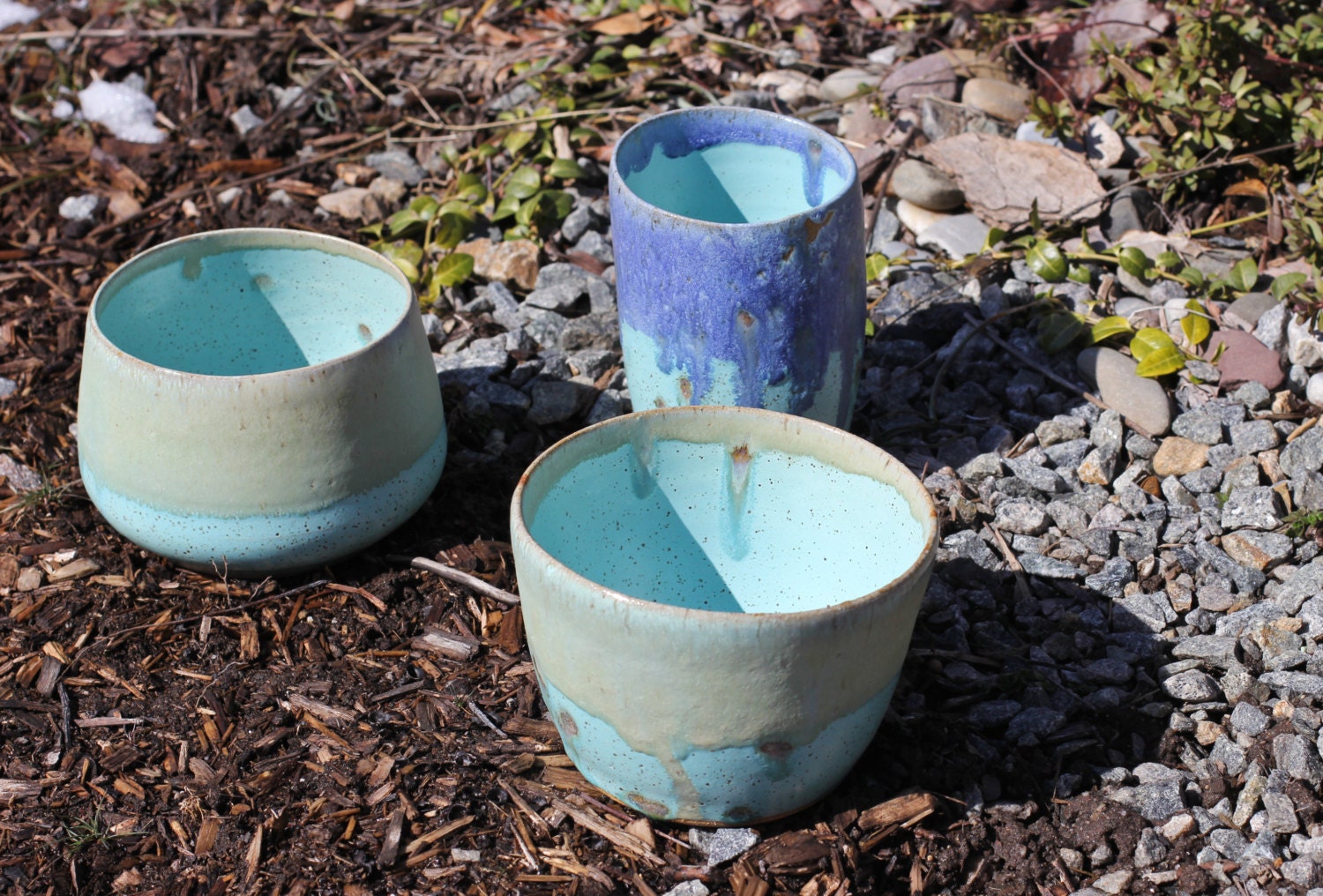 Turquoise/ green/ blue ceramic pottery vases/ plant pots - set of three. Handmade.
