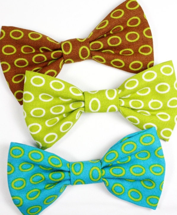 Dog Cat Bow Tie MEDIUM Graphic Print Ovals Green Brown Turquoise 4" x 2" Removable to fit 3/4" w Collars
