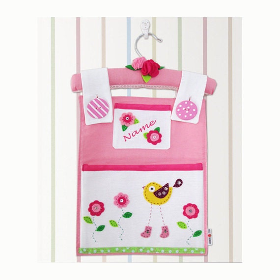 Pink or Purple Bird Wall Pockets on a Flower Decorated Hanger. Felt decoration. Cot tidy. Crib organizer. Baby Room Decor. Lovely gift.