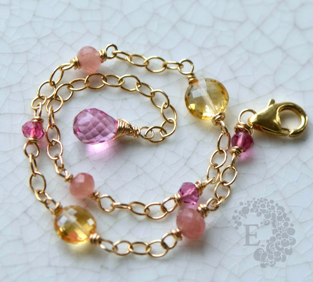 oOo the JARDINIA bracelet oOo gemstone bracelet in rose pink corundum, pink quartz, rhodochrosite, citrine and 14k gold fill