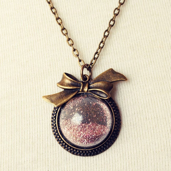 Pink Glitter Necklace with Antique Bronze Bow