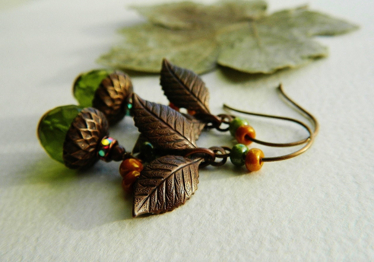 Handmade Casual Acorn Earrings, Rustic Style Acorn Dangle Earrings, Beach Earrings, Matte Olive in Vintage Patina