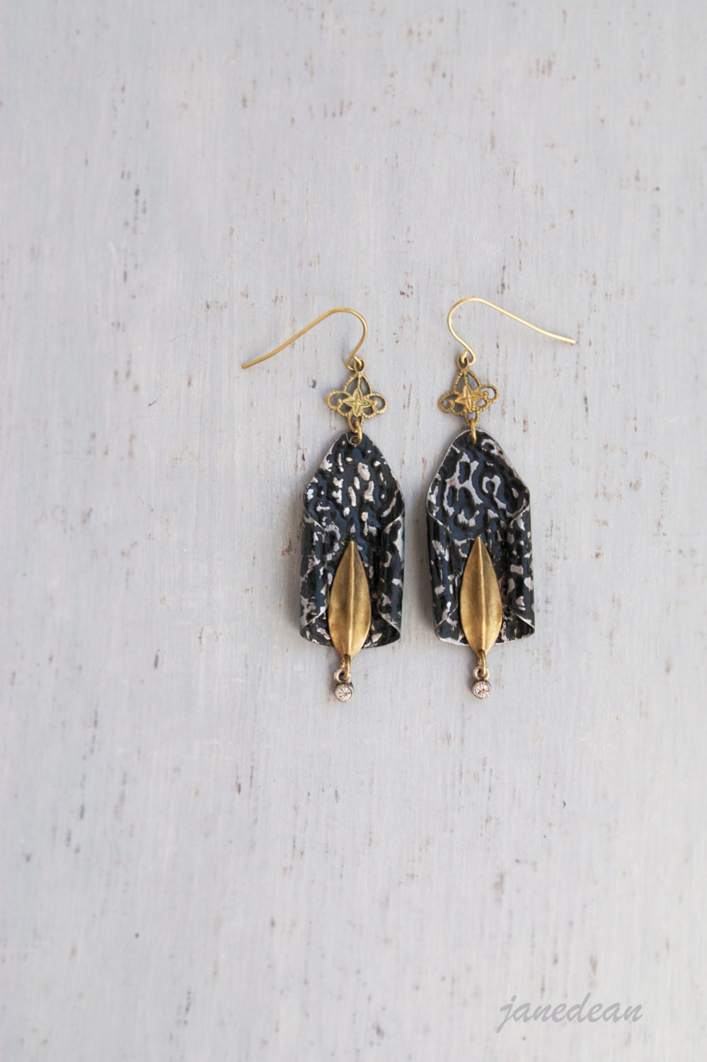 Rolled Metal Earrings -  distressed enamel and brass