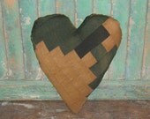 Primitive Heart Pillow - antique log cabin quilt - brown black tan - shelf sitter - tuck - made from Civil War era quilt