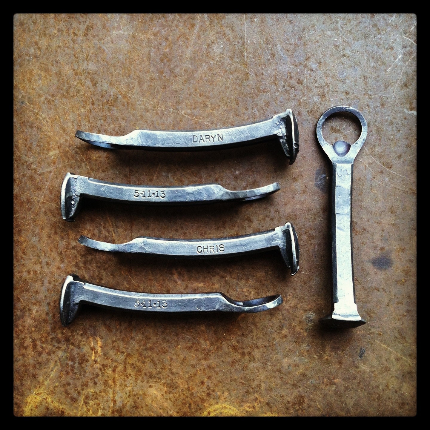 5 Personalized Groomsmen Gifts - railroad spike bottler openers - item B16-S