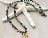 Crocheted Necklace with Brass Sand Dollar - Beach Hippie Surfer Girl