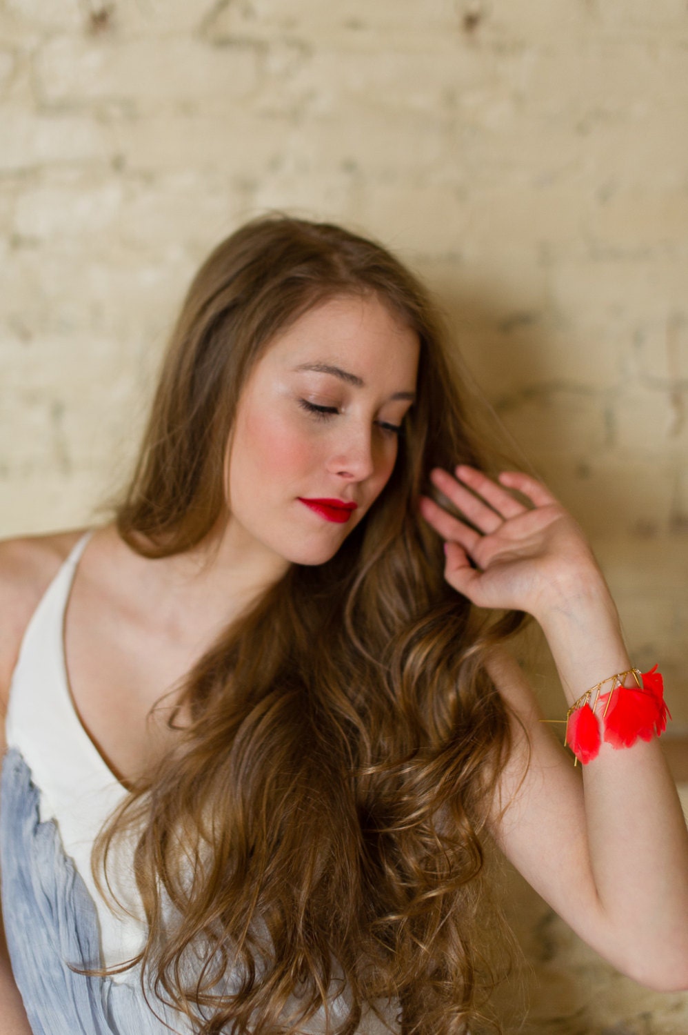 Matte Gold Fringe Feather Bracelet - Coral or White Feather Beacelet - Tassel Feathers Bracelet