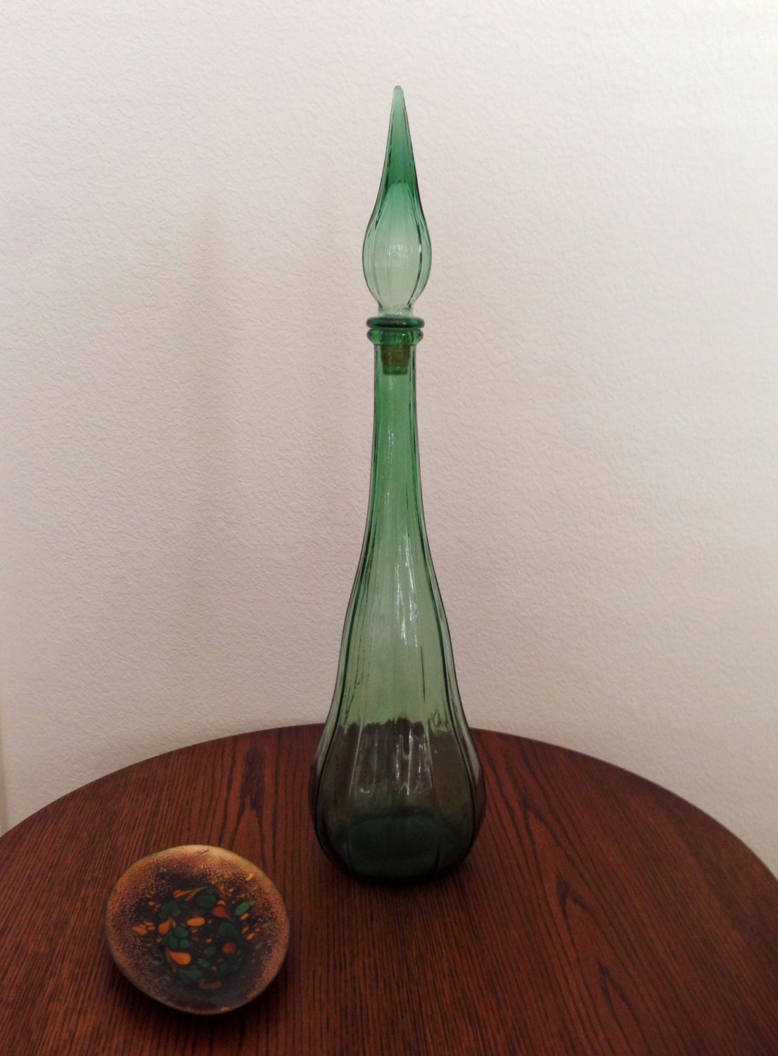 Vintage Mid Century Art Glass Green Genie Bottle Decanter