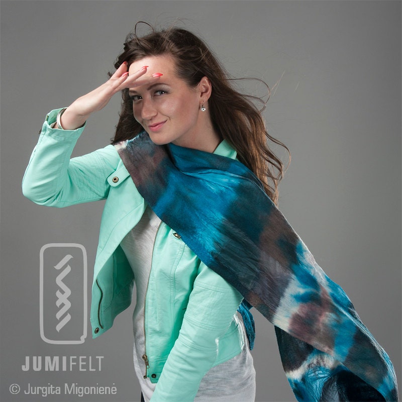 Felt silk scarf - Teal, dark cyan, grey, white - Wool and Silk - Hand dyed batik