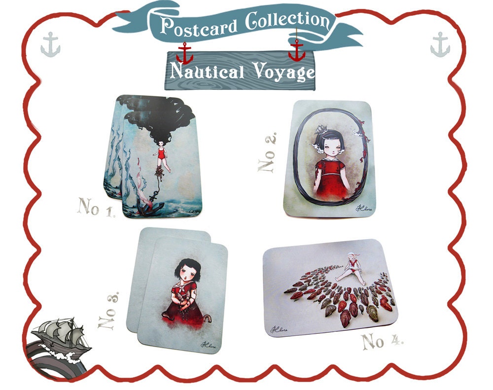 4 Postcard Pack, nautical postcards, art postcard, self posting postcard, whimsical postcard, fairytale cards, illustration postcard, girl