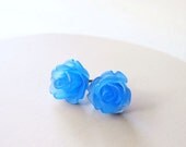Blue Rose Earring Studs - Floral Jewelry - Blue Jewelry - Translucent Blue Flower Earring Posts