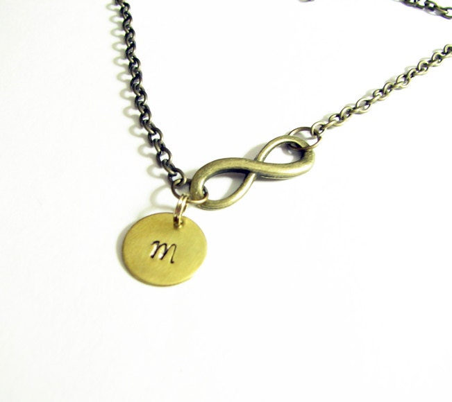 Infinity Initial Necklace Hand Stamped Custom Personalized Brass Bronze Pendant engraved Gift for Wedding Birthday Family Mother