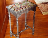Small Mosaic Side Table - Colorful Bright Floral Geometric Clay Tile Pottery One of a Kind Rustic Home Decor