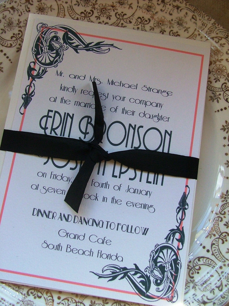 Art Deco Wedding Invitations: Peach pretty, a deposit to begin order