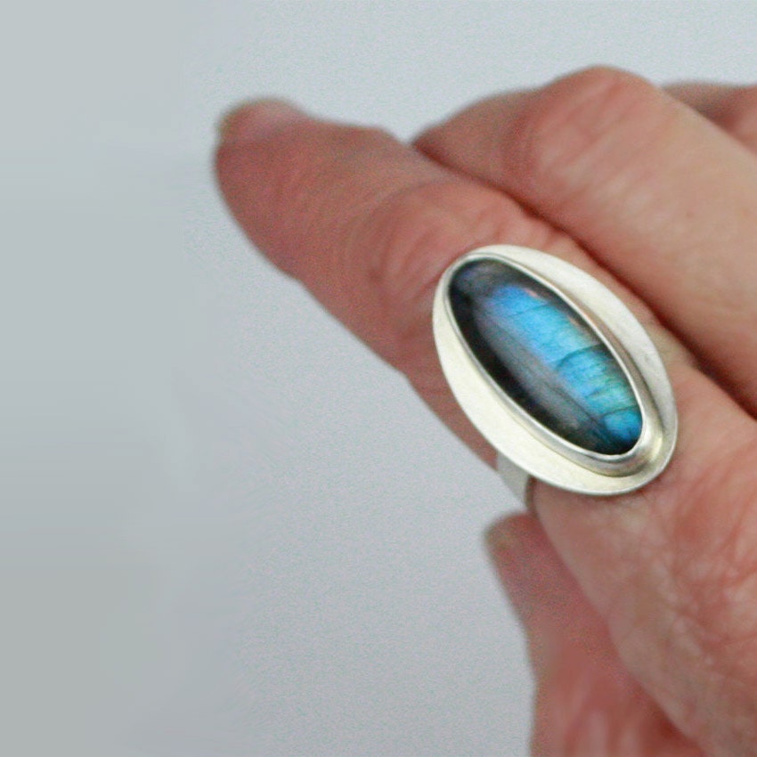 Statement Ring, Blue Flash Labradorite and Silver - Cocktail Ring