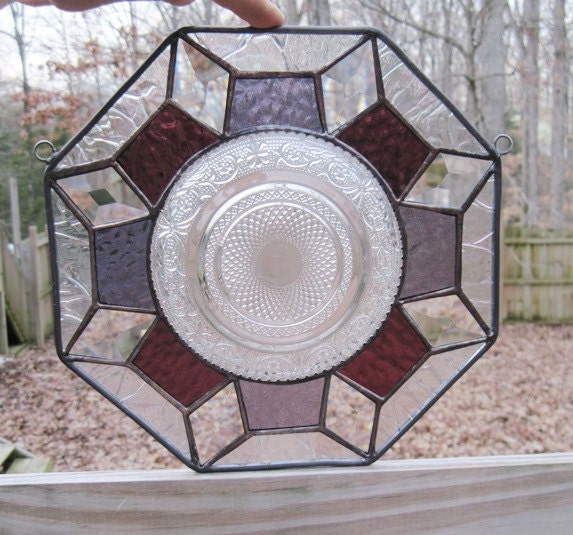 Stained Glass Octagon Panel, Geometric in Purple, Rose, & Clear Iridescent with Vintage Plate