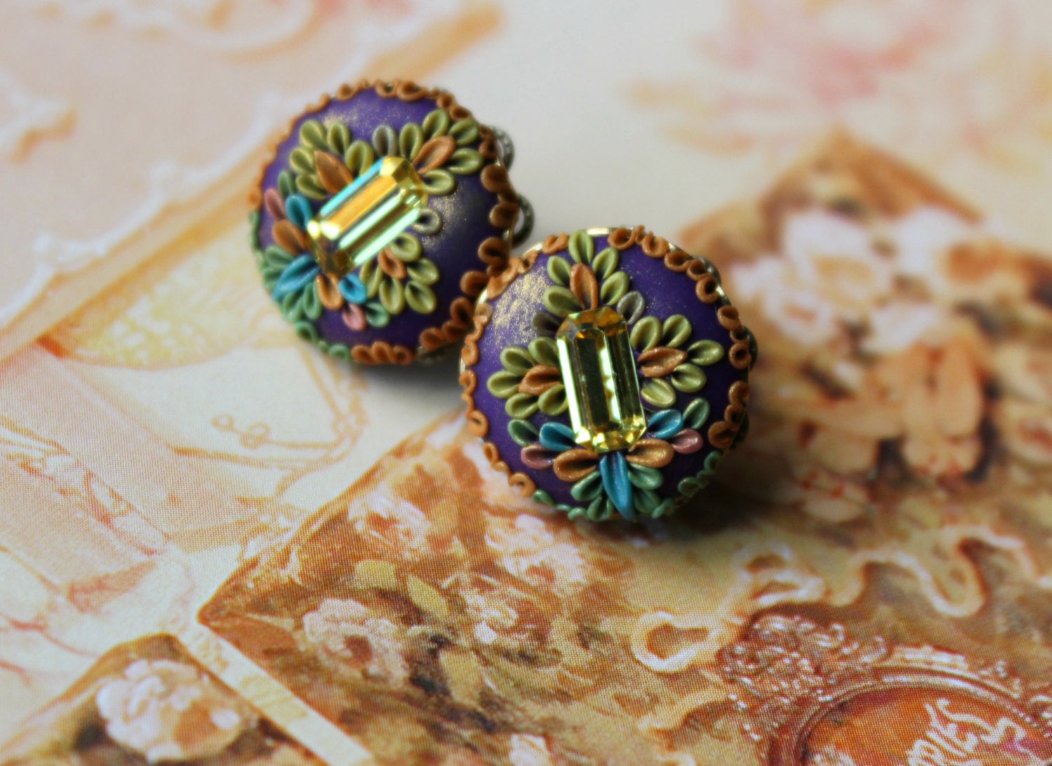 Purple,gold,rust ,blue - Clay Floral Stud earrings with vintage swarowski crystal , Polymer clay in brass filigree -  Sparkly Summer Day
