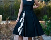 1950's Black Taffeta Dress With Lace Feather Applique Medium- Large