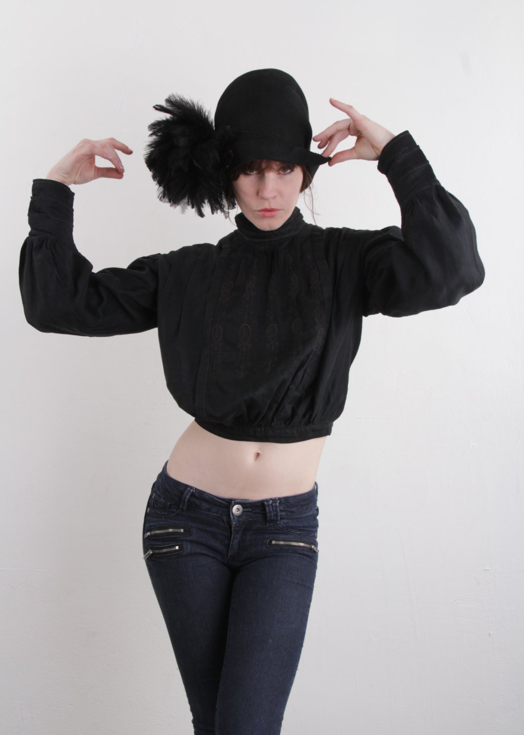 Antique Victorian Blouse . Black Cotton Top . XXS