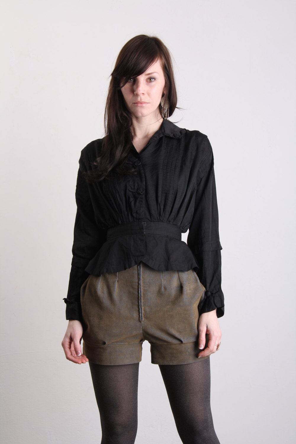 Antique Victorian Blouse . Black Top . Shirt . XS . Late 1800s