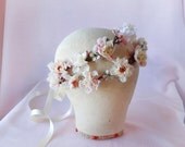 ivory wedding headpiece, pink floral hair wreath -  SHEPHERDESS - photo prop, flower girl head wreath