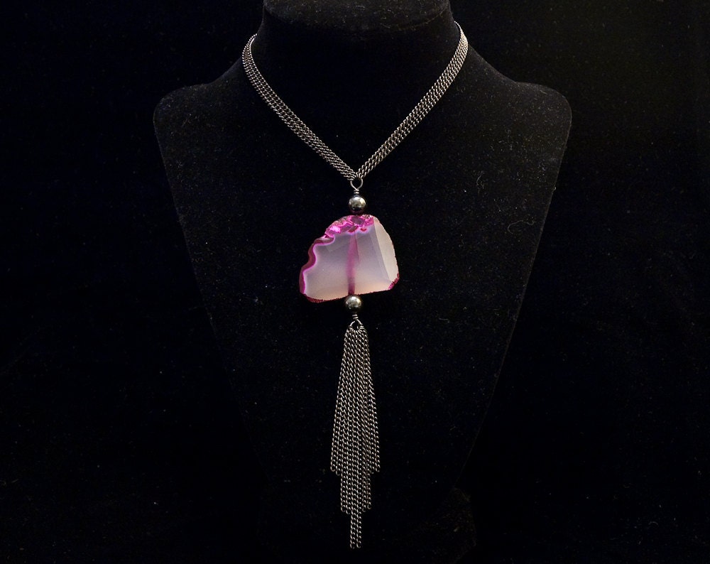 extra long gunmetal with chain tassel and purple stone pendant necklace (no clasp)