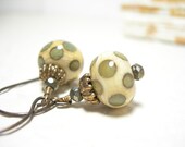 Lampwork earrings sage green polka dots brass one of a kind pamelasjewelry