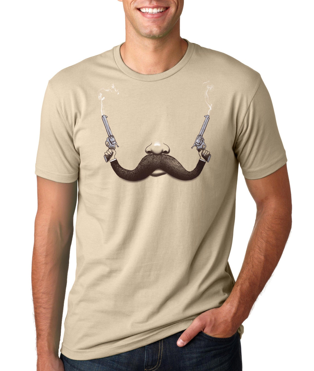 Mens Handlebar Mustache TShirt, Gun Tee, Funny, Western, Pistols, Creme, American Apparel, S M L XL XXL