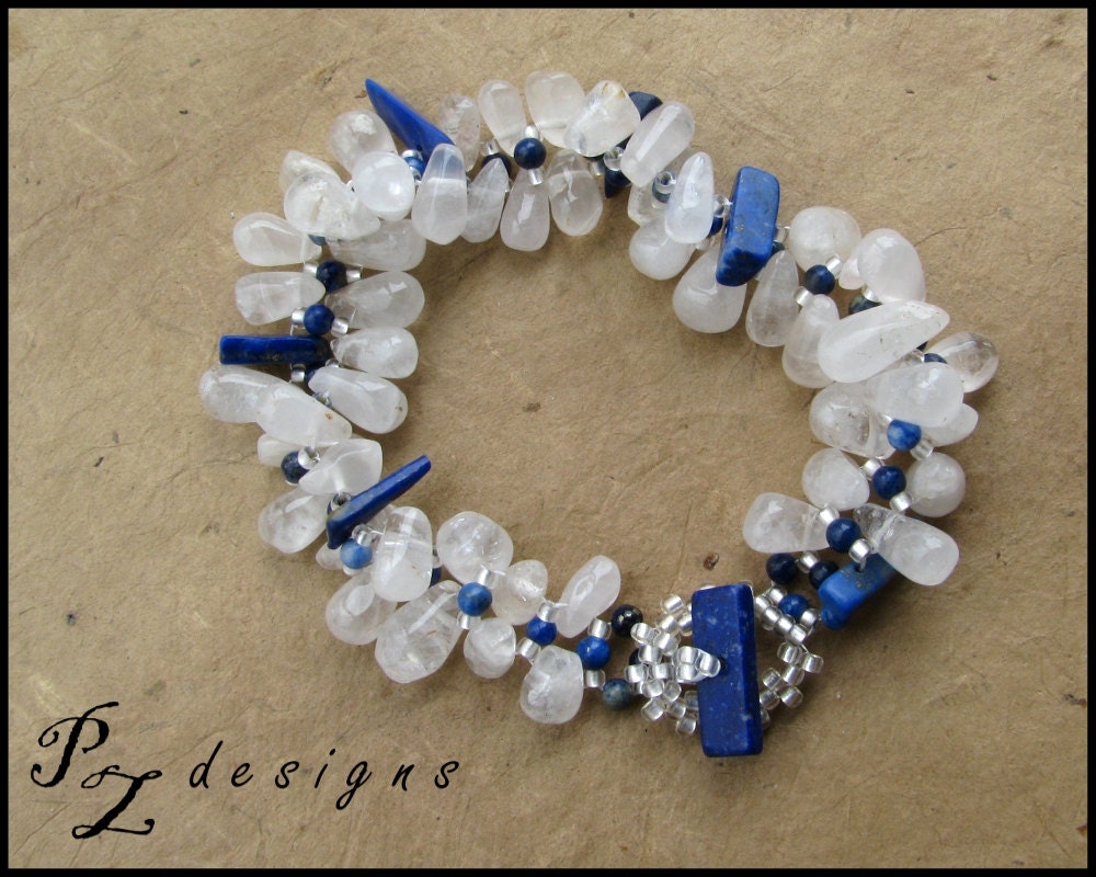 Frozen Beadwoven Bracelet - Quartz, Lapis, Toggle Clasp