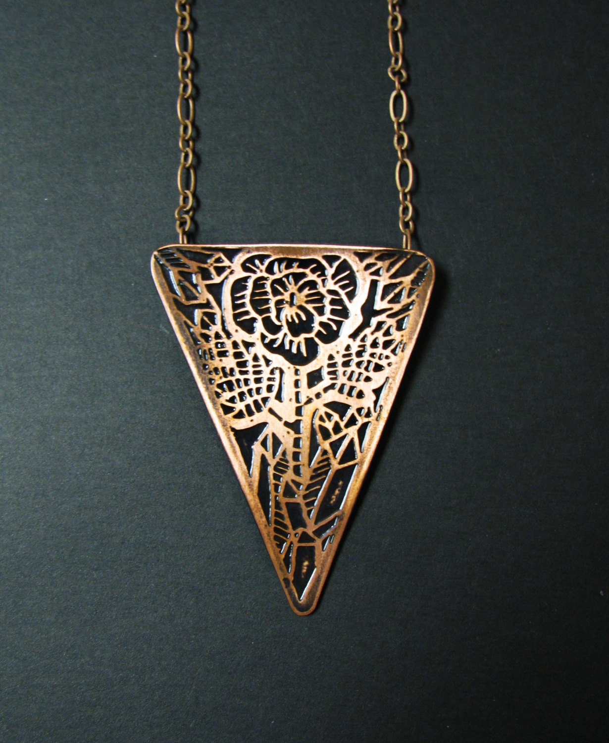 Etched Copper Jewelry - Rose rising out of rocks and crystals  - Inspired by a childrens book shimmeree