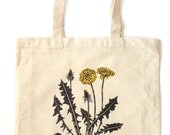 One Dandelion tote bag, natural unbleached cotton, eco friendly, screenprint with yellow and dark grey ink, garden flower summer design