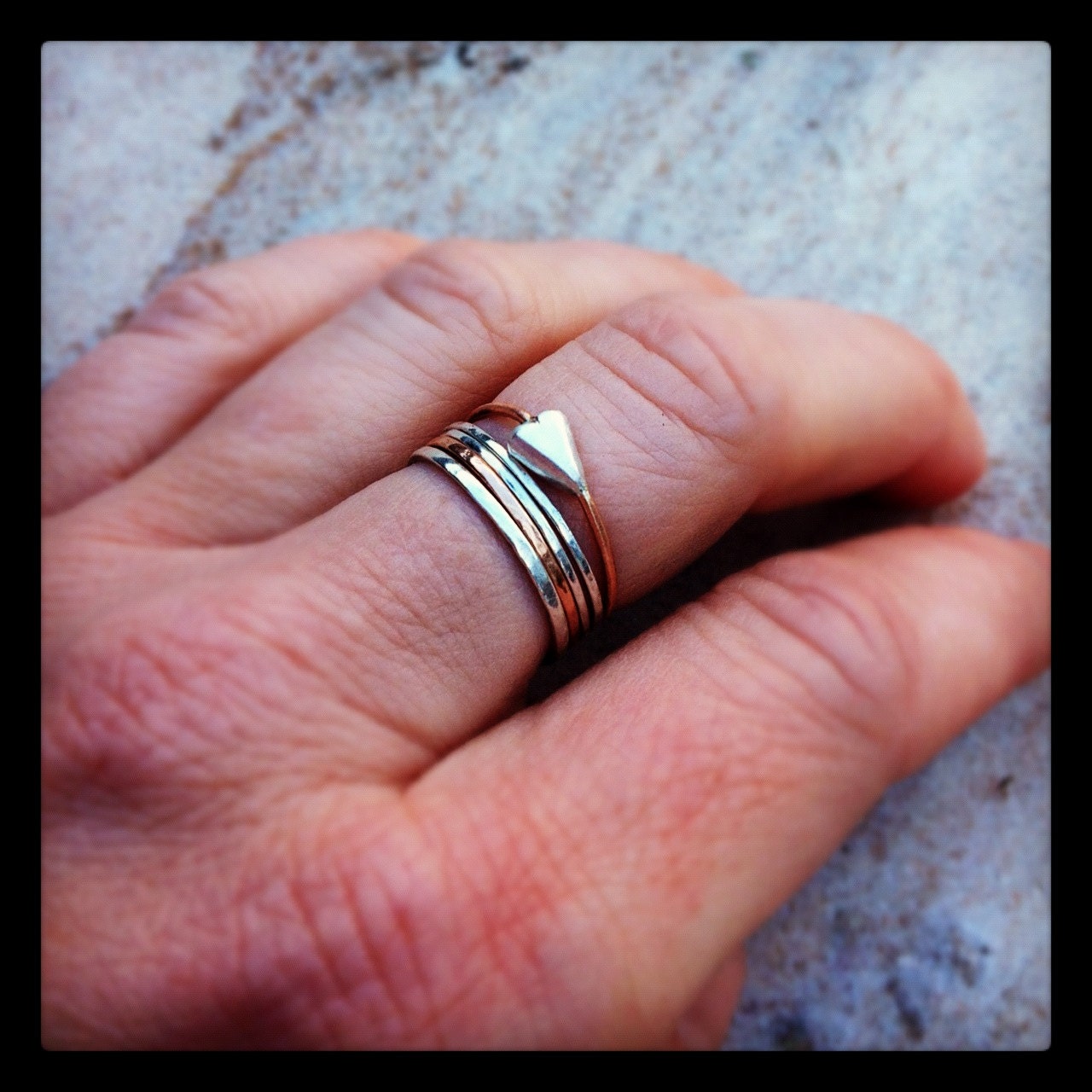 Sculpted Silver Mod Heart w/ 14K Solid Rose Gold Band Stack Ring