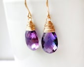 Alexandrite Earrings, Purple Gemstone Drop, Wire Wrapped, Gold, Kande Kristina Henning - Olivia