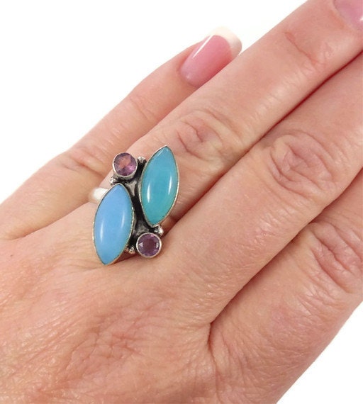 Chalcedony & Amethyst sterling silver ring - Big beautiful stones - Ethnic tribal - Size 8.5 - InVintageHeaven