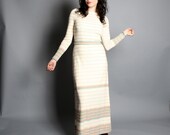 1970s Glam MAXI DRESS / Belted Metallic Ivory Stripe Sweater Knit