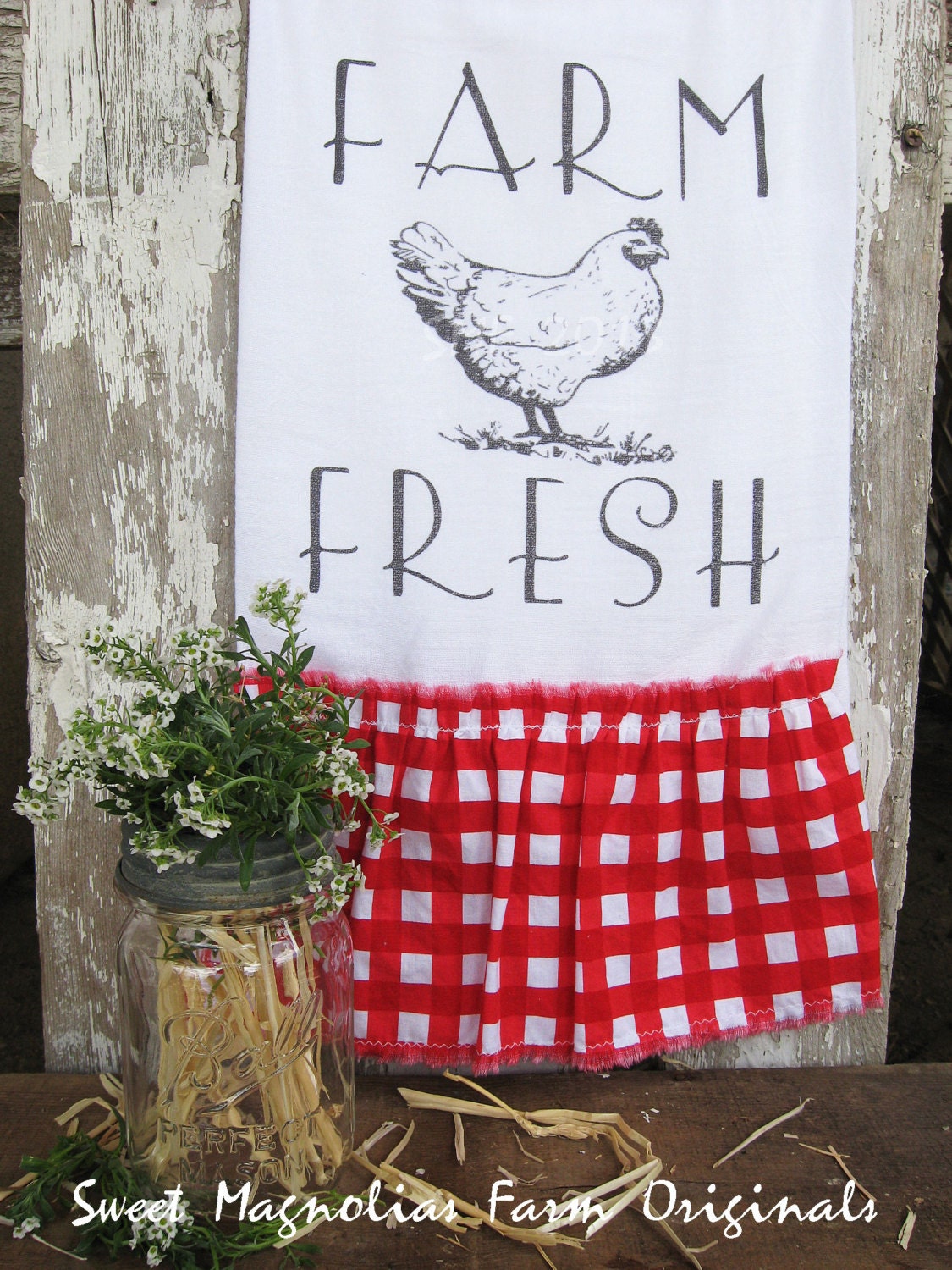 Flour Sack Kitchen Towel... Farmhouse Chicken Ruffle Country Cottage Chic Hen Style Red Gingham  "Farm Fresh"