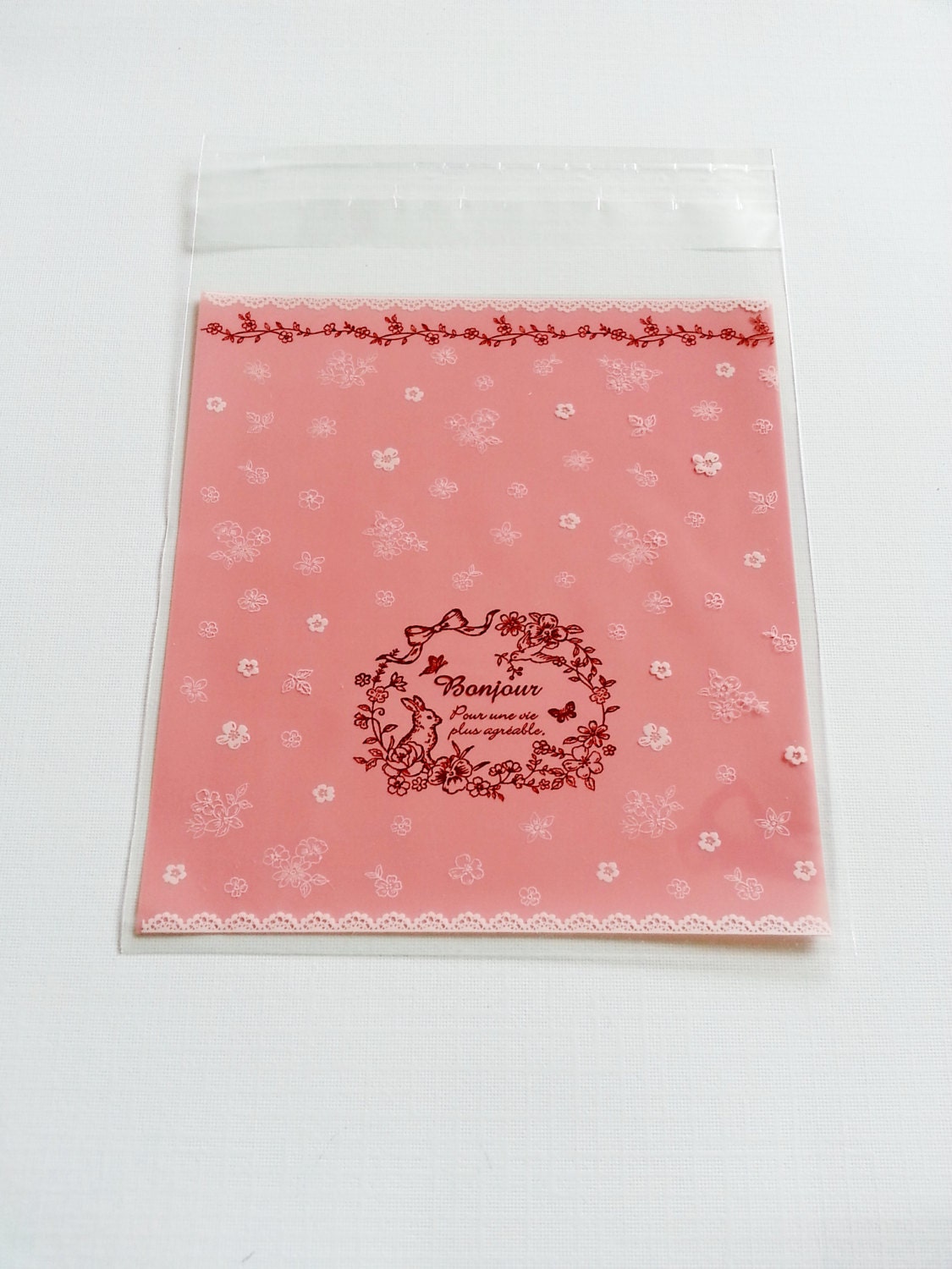 20 Candies / Bakery Goodies / Small Accessories Cellophane Favor Mini Bags, Self Seal Party Packaging, "Rabbit in Garden Lace Trim Print"