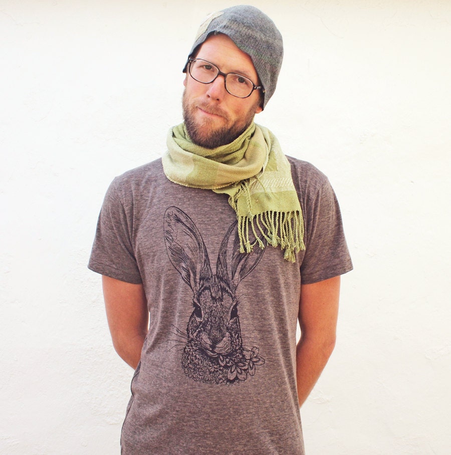 Brush Rabbit triblend tshirt - eco-friendly brown ink screenprint on slim fit coffee crew neck - Adult Unisex Mens sizes XS, S, M, L, XL