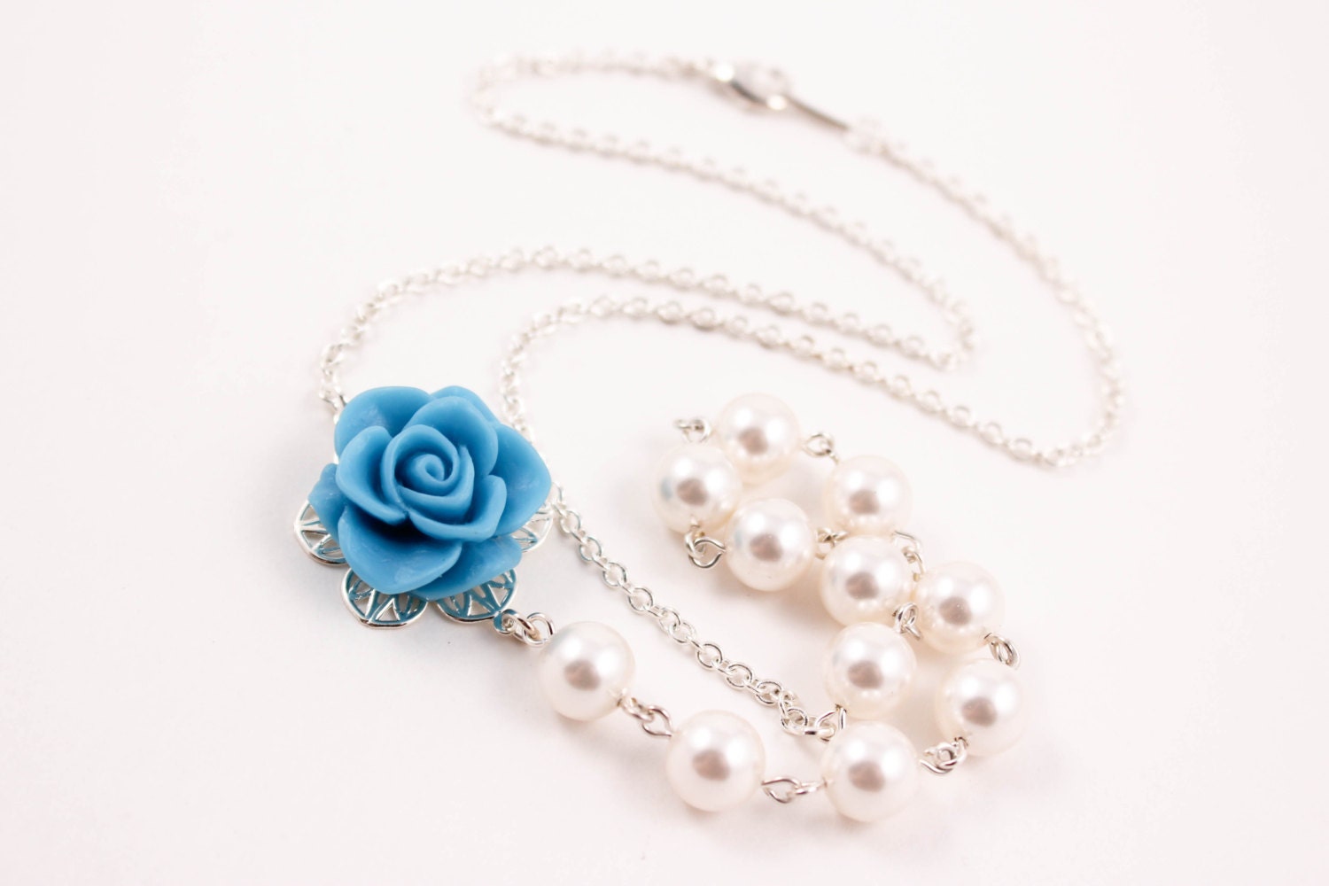 Bridesmaid Jewelry Turquoise Beauty Rose and Pearl Wedding Necklace