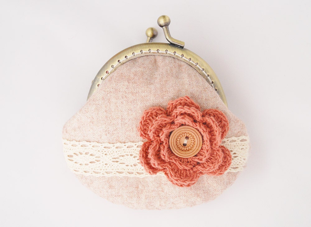 Lace and Crochet Flower Coin Purse Vintage red