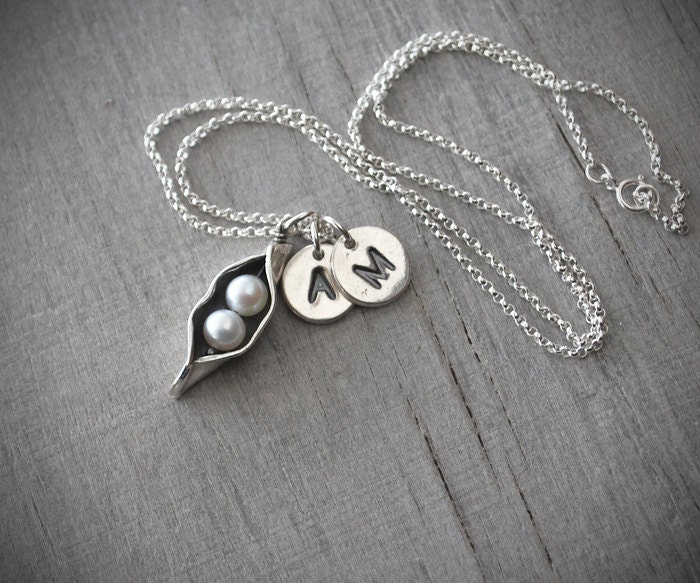 TWO Personalized Initials Two Pea Pod Necklace - Silver Pea Pod Mother's Necklace - Mom's Pearl Peas in Pod Two Peas