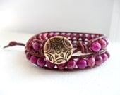 Fuchsia Crazy Lace Agate Gemstone Bracelet - Beaded Leather Double Wrap Bracelet