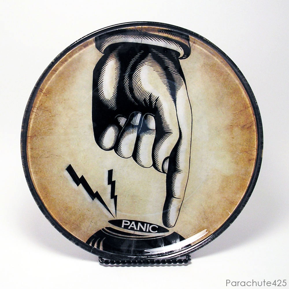 Panic Button, decoupage glass plate, home decor, office decor, humor, pointing finger