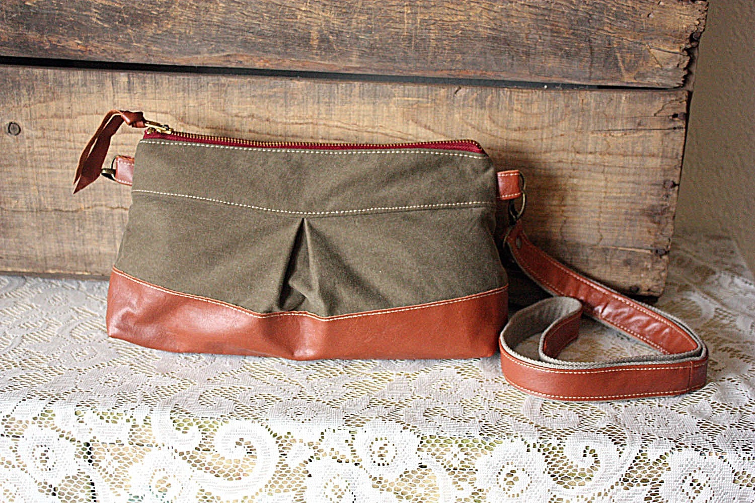 Olive & Rust  Small Handbag / Crossbody purse/ Clutch in Upcycled heavy cotton twill and leather-- READY TO SHIP