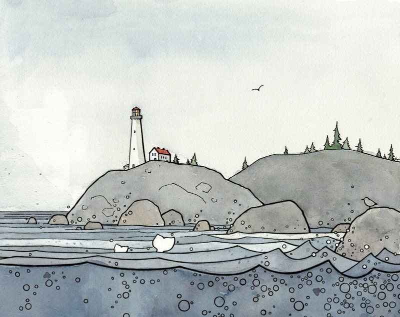 Lighthouse and Whales Coast Illustration Print 8x10