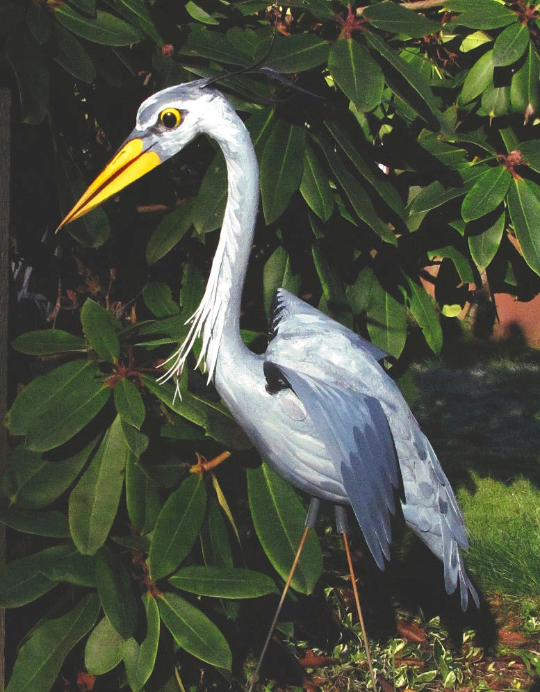 Great Blue Heron - handmade, garden art sculpture created from a recycled pink plastic flamingo.