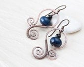 Dark denim blue earrings, oxidized hand forged copper spirals, handmade lampwork glass beads, steel blue lampwork earrings, neutral dangle