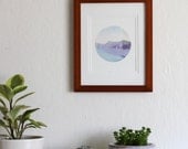 Wandering - OOAK Circle Art Print, Mountains & Sea 5x7