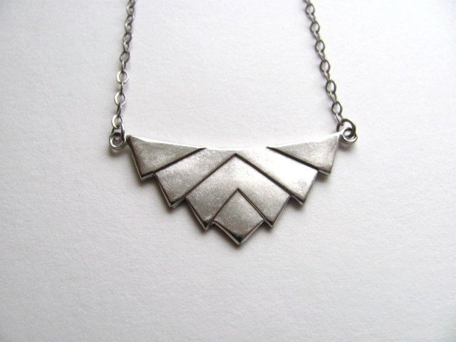 Art deco chevron pendant bib necklace on antiqued silver plate chain, vintage geometric pendant, upcycled geometric jewelry